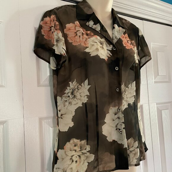 EVAN Picone cap sleeve Blouse Floral Semi Sheer button - Women's size 10 - Picture 3 of 13
